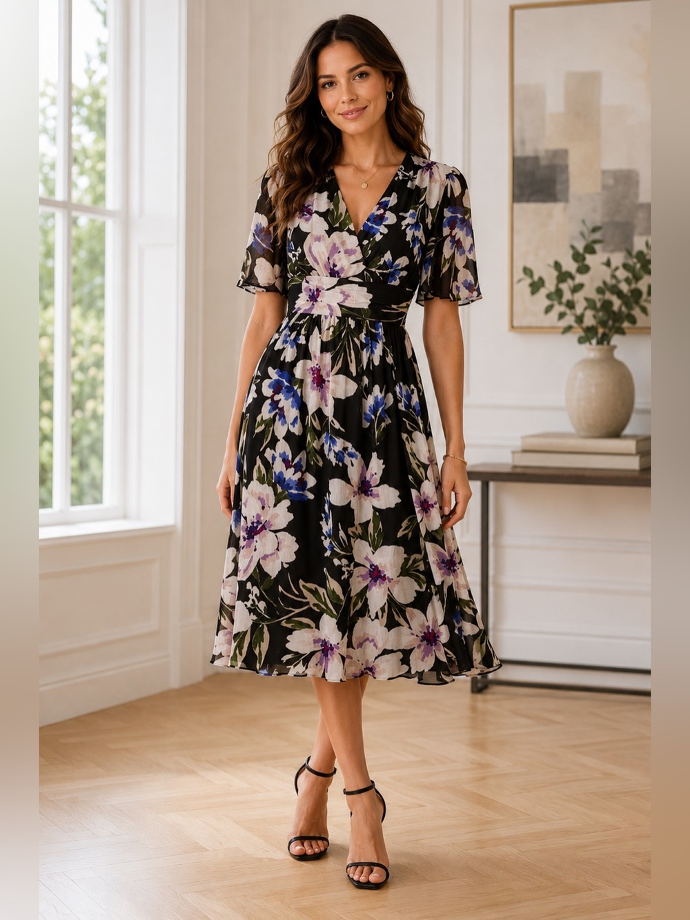 Calvin Klein Floral Chiffon Dress 14W NWT Flutter Sleeve Midi Black